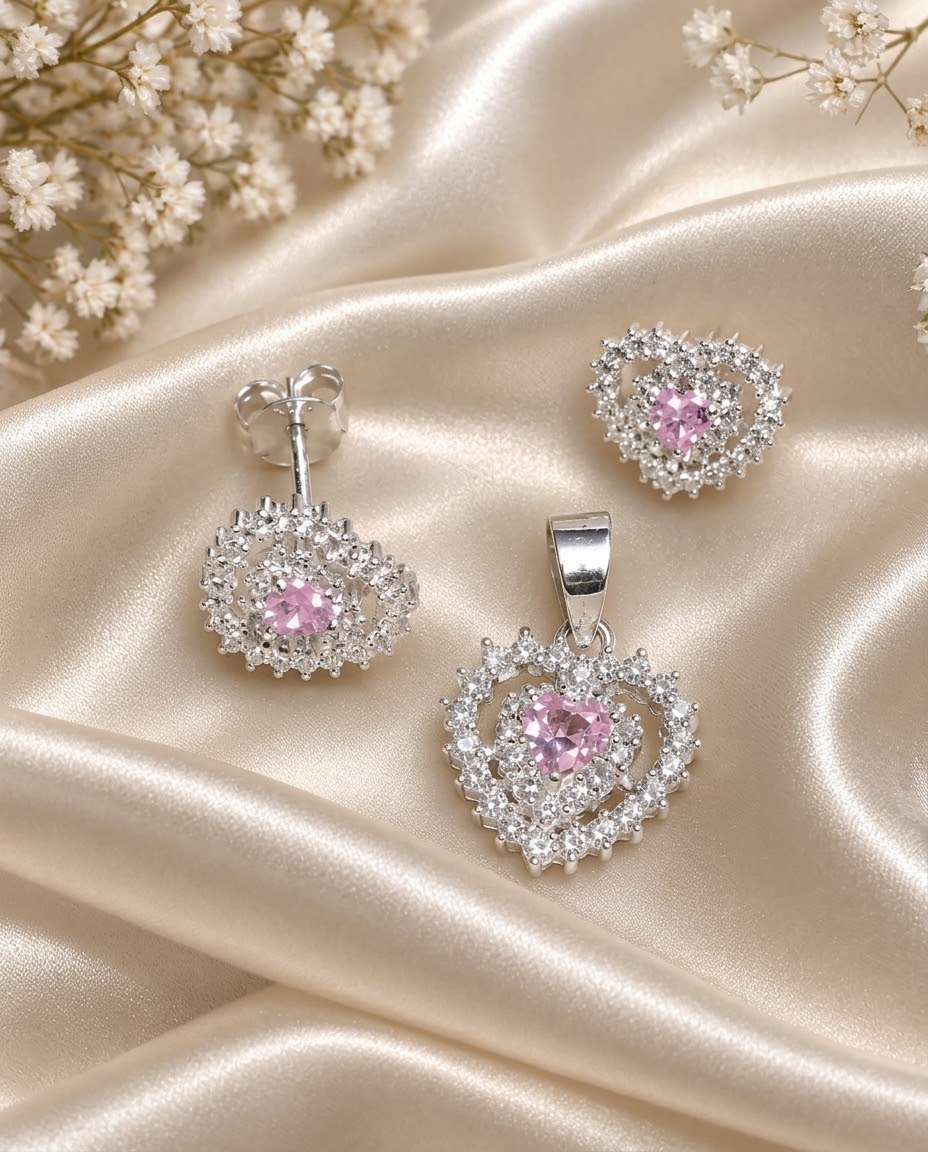Set Corazón Doble Halo en plata 925 — MARDAN JOYAS